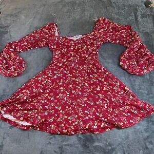 Stillettos Floral Print Mini Dress Long‎ Sleeve Sweetheart Neck Red Womens Small